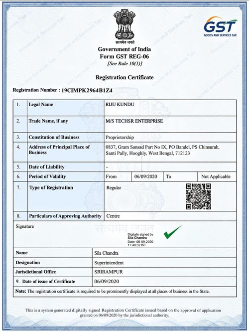GST registration certificate of Techsr Enterprise (GSTIN 19CIMPK2964B1Z4)