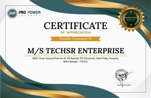 Pro Power Energies authorized partner certificate of appreciation for Techsr Enterprise