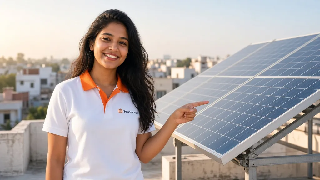 SolarConnect brand ambassador (AI illustration) presenting rooftop solar panels – commercial and industrial solar power systems by SolarConnect India