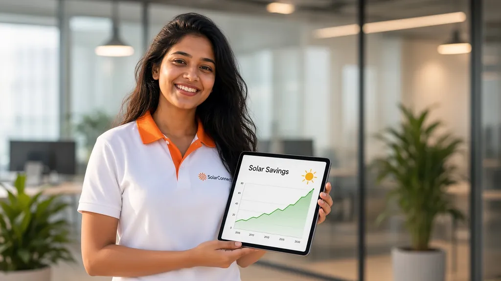 SolarConnect brand ambassador (AI illustration) showing a solar savings chart on a tablet – rooftop solar savings calculator by SolarConnect India