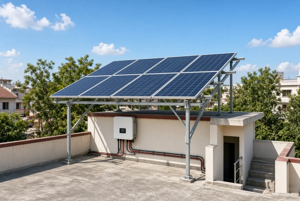 Elevated GI structure rooftop solar – SolarConnect India (illustration) Elevated GI structure rooftop solar on a flat concrete Indian roof with inverter – SolarConnect India (illustration)