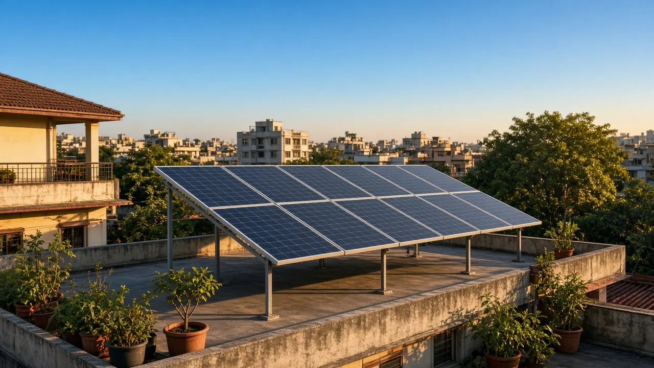 Finished home rooftop system – SolarConnect India (illustration) Completed home rooftop solar system on an Indian terrace at golden hour, PM Surya Ghar style (illustration)