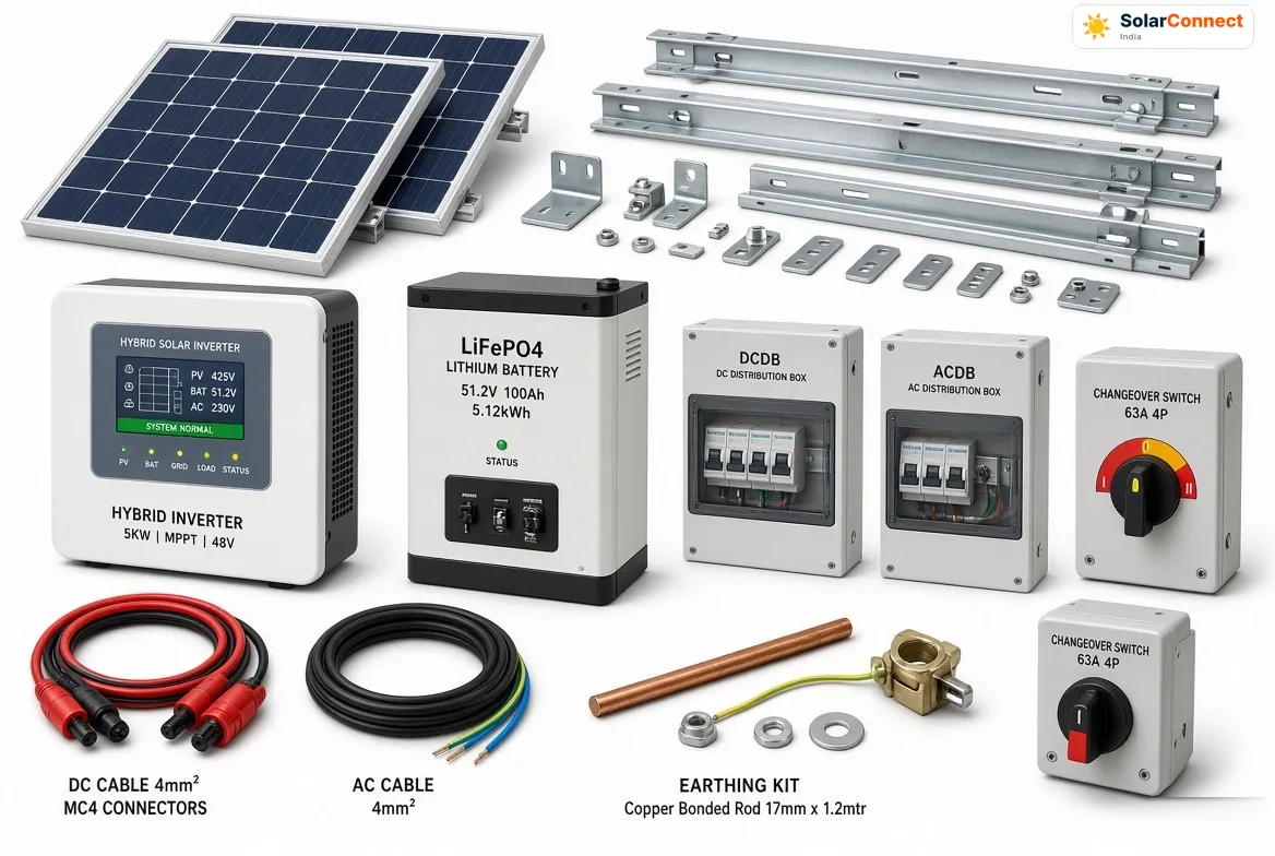 Hybrid solar kit components – SolarConnect India SolarConnect hybrid solar kit: panels, rails, hybrid inverter, LiFePO4 battery, DCDB, ACDB, changeover switch, earthing