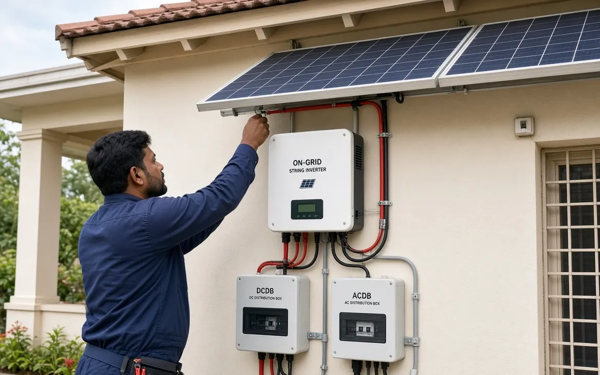 Step 4: Inverter, DCDB & ACDB Installation – SolarConnect India (illustration) SolarConnect India inverter, DCDB and ACDB installation on a wall for a rooftop solar system (illustration)