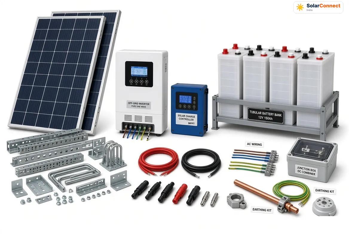 Off-grid solar kit components – SolarConnect India SolarConnect off-grid solar kit: panels, pure sine wave inverter, MPPT controller, tubular battery bank, GI structure