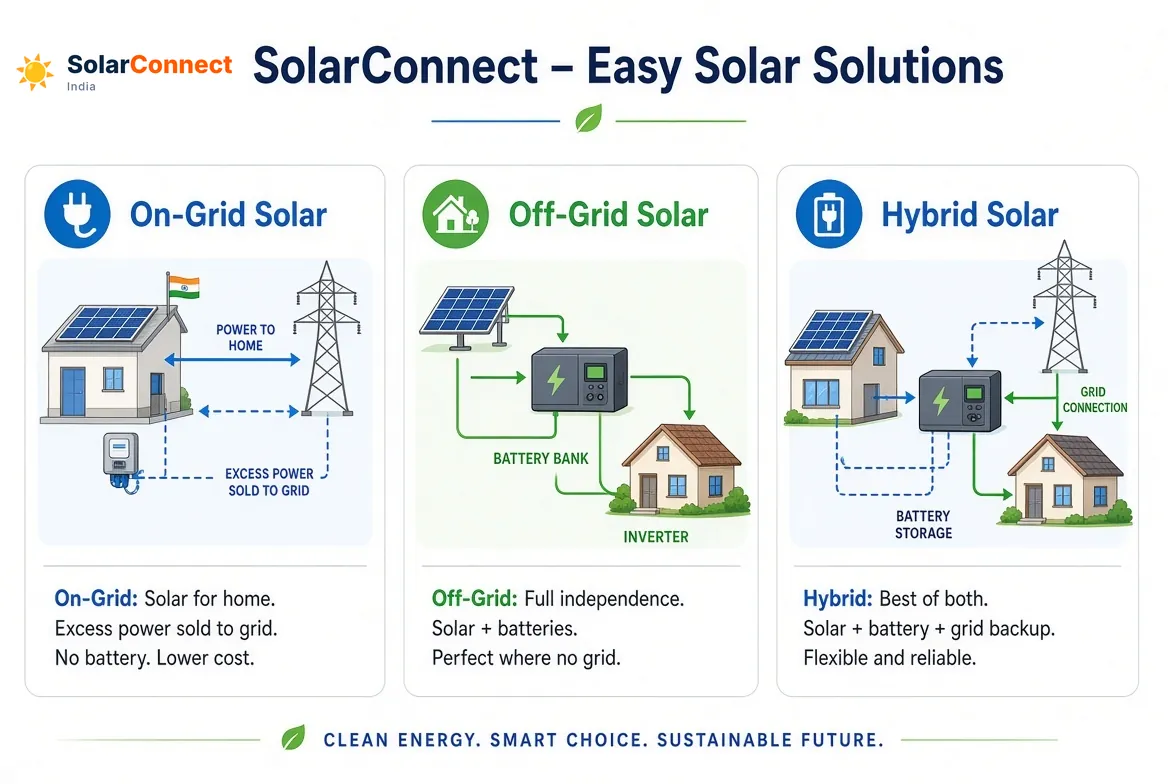 On-grid vs off-grid vs hybrid solar – SolarConnect India On-grid, off-grid and hybrid solar system comparison diagram for Indian homes – SolarConnect India