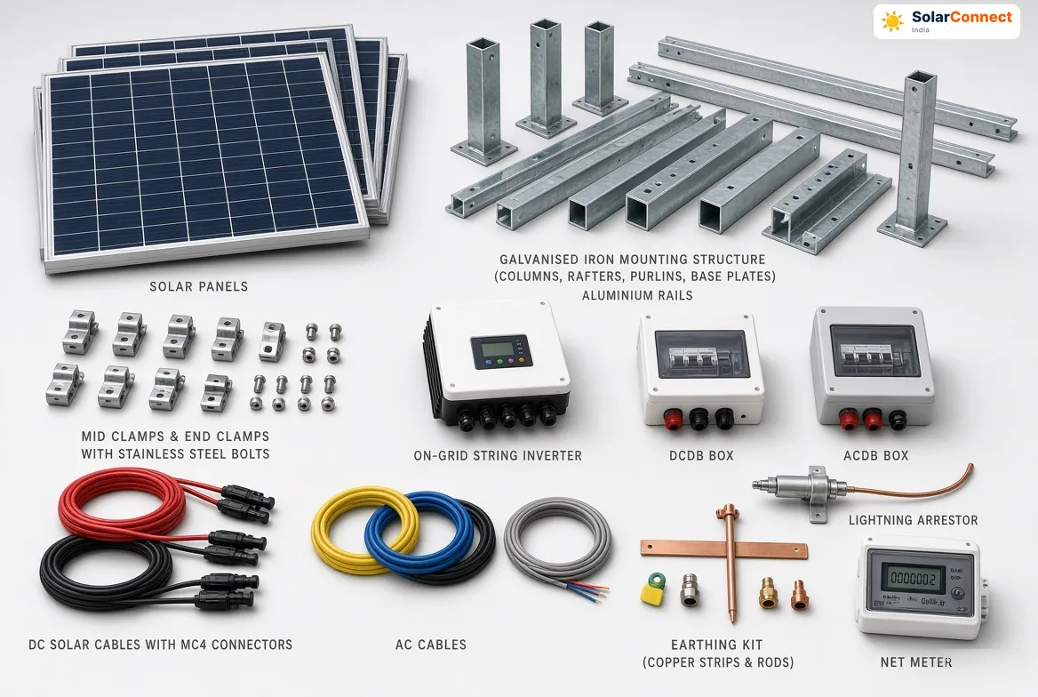 On-grid solar kit components – SolarConnect India SolarConnect on-grid solar kit: panels, GI structure, string inverter, DCDB, ACDB, lightning arrestor, earthing, net meter