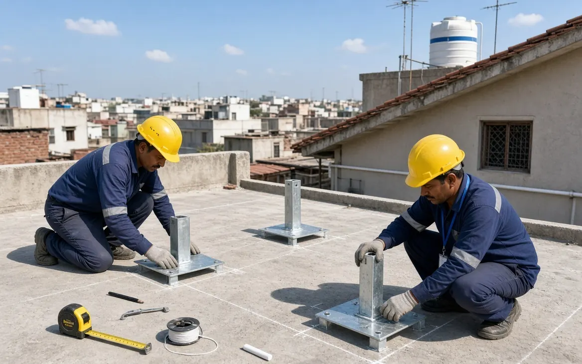 Step 1: Roof Marking & Structure Base Fixing – SolarConnect India (illustration) SolarConnect India team marking the roof layout and fixing solar structure base plates on a concrete roof (illustration)