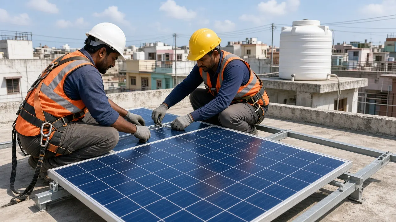 Rooftop solar installation – SolarConnect India (illustration) Technicians in safety gear installing rooftop solar panels on a flat Indian home roof (illustration)