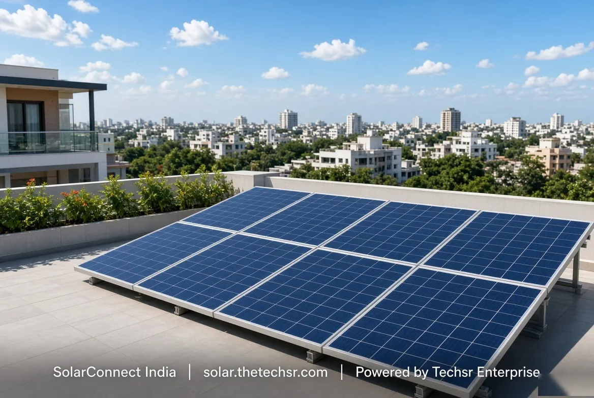 Rooftop solar panels on an apartment terrace in an Indian city – SolarConnect India rooftop solar installation gallery