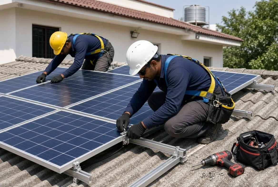 Step 3: Solar Panel Mounting – SolarConnect India (illustration) SolarConnect India technicians in safety harness mounting solar panels on rails – panel mounting step (illustration)
