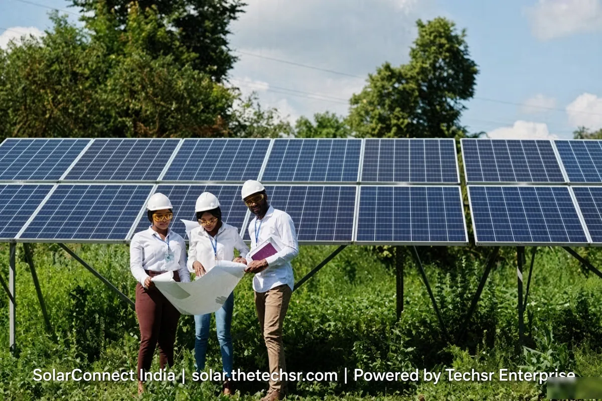 Solar engineers reviewing plans at a ground-mounted solar plant in India – SolarConnect India solar installation gallery