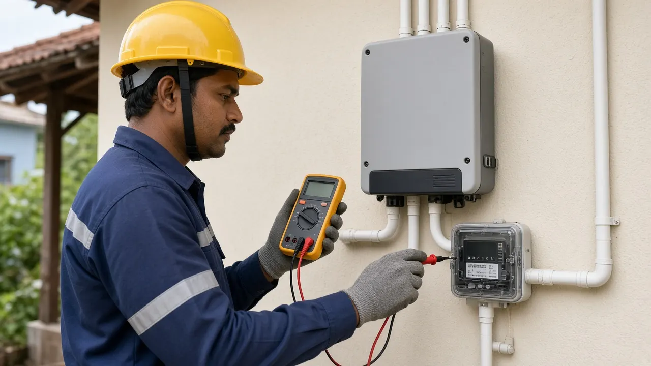 Inverter and net meter check – SolarConnect India (illustration) Solar technician checking the inverter and net meter of a rooftop solar system in India (illustration)