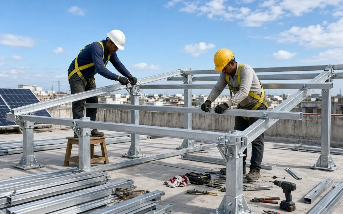 Step 2: Mounting Structure Assembly (Rails & Frames) – SolarConnect India (illustration) SolarConnect India rooftop solar mounting structure assembly with galvanised rails and frames (illustration)