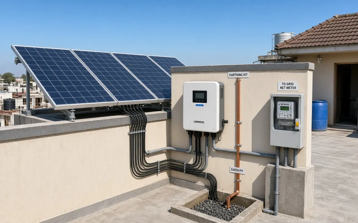 Step 5: Wiring, Earthing & Final Connection – SolarConnect India (illustration) SolarConnect India solar wiring, earthing pit and net meter connection – final rooftop solar step (illustration)