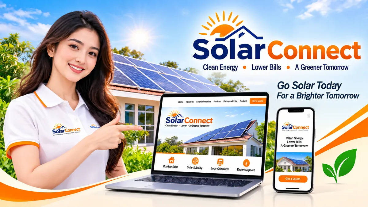 SolarConnect India rooftop solar dealership website on laptop and mobile (illustration)