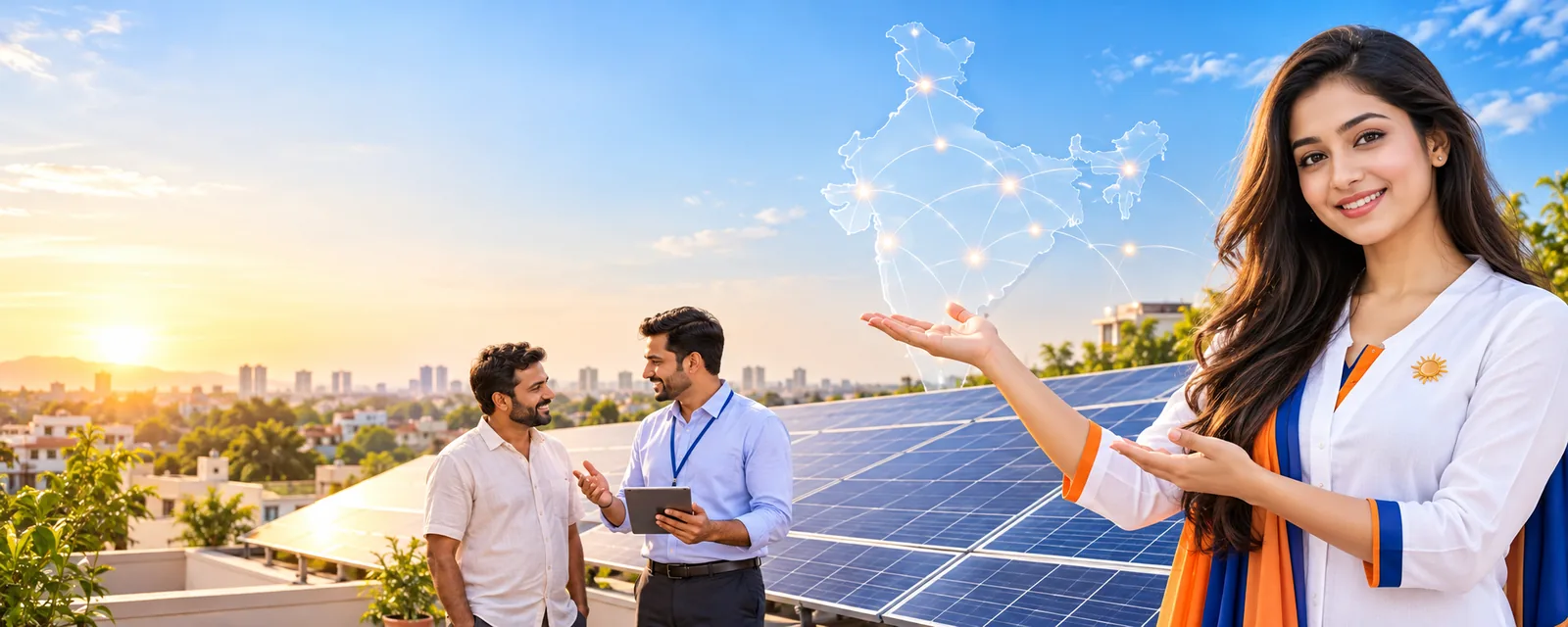 SolarConnect relationship manager guiding a solar dealer at a rooftop solar installation in India (illustration)