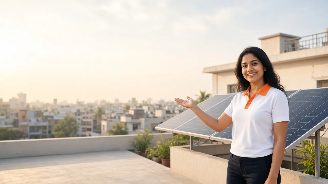 Illustration: SolarConnect India solar advisor presenting rooftop solar installation and PM Surya Ghar subsidy guidance