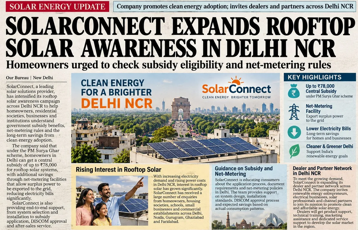 SolarConnect rooftop solar awareness poster for Delhi-NCR – PM Surya Ghar subsidy and net metering
