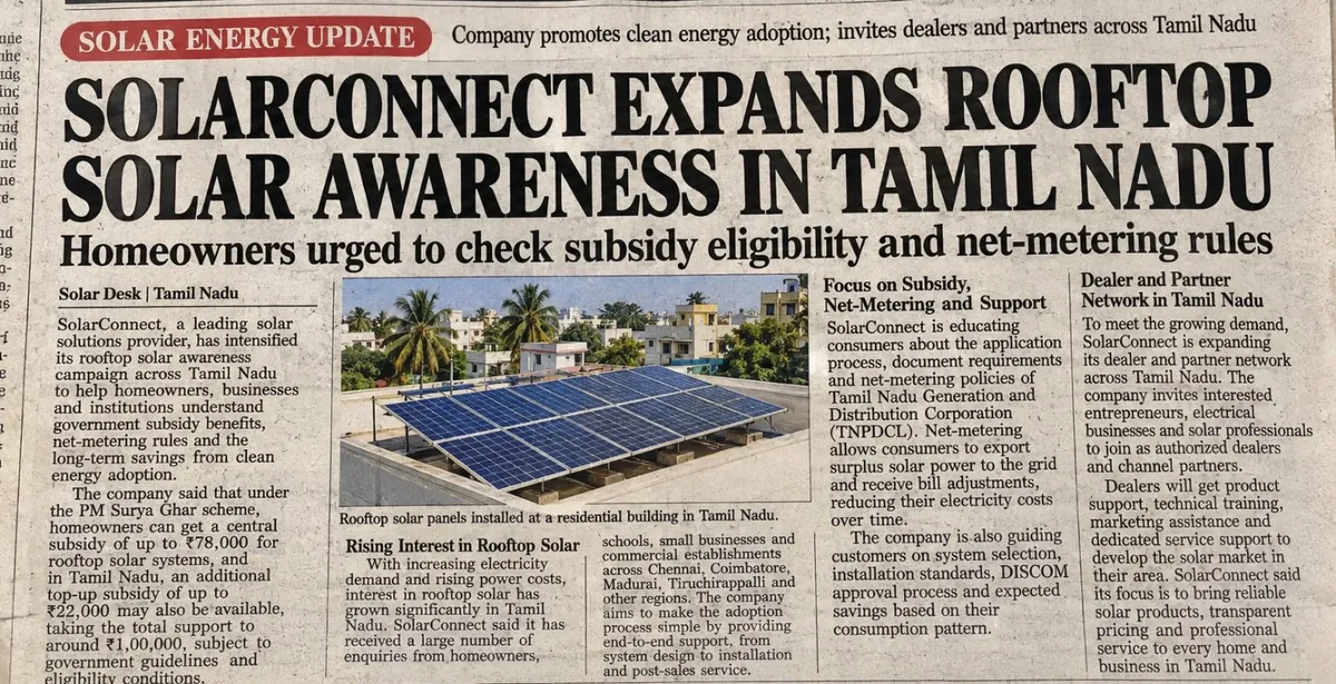 SolarConnect rooftop solar awareness poster for Tamil Nadu – PM Surya Ghar subsidy and TNPDCL net metering