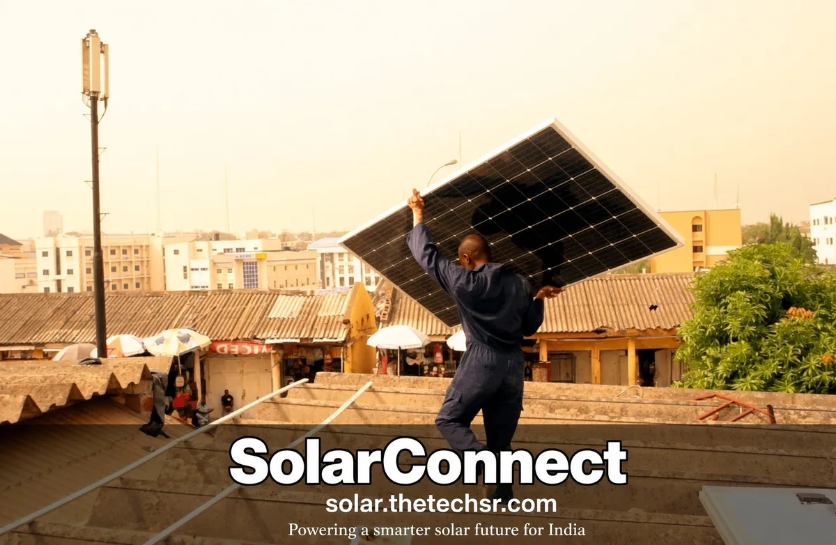 Technician carrying a solar panel on an Indian rooftop – SolarConnect India rooftop solar installation gallery