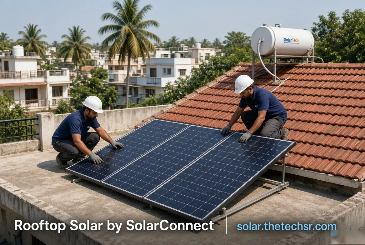 Technicians installing rooftop solar panels on a tiled-roof home in India – SolarConnect India rooftop solar installation