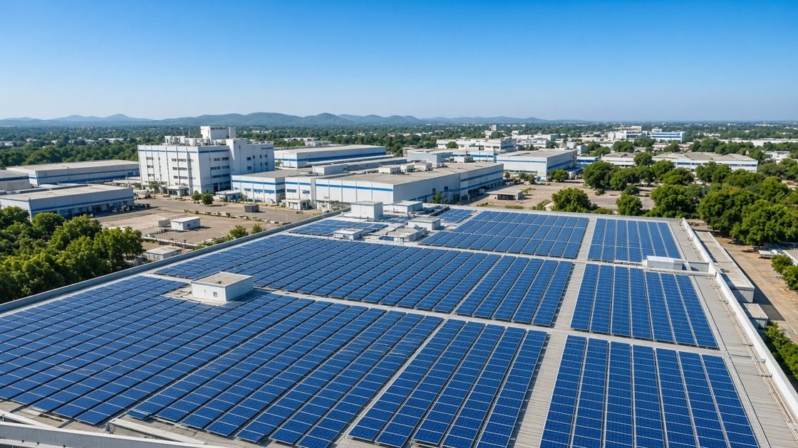 Commercial rooftop solar plant on an industrial factory roof in India