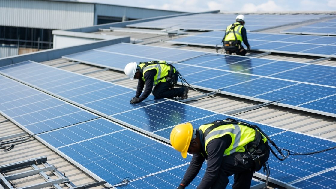 Commercial solar EPC installation team installing panels on a warehouse roof in India