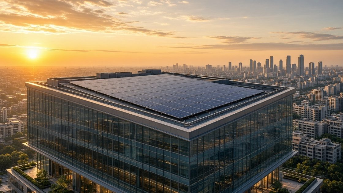 Corporate office building with rooftop solar panels in India