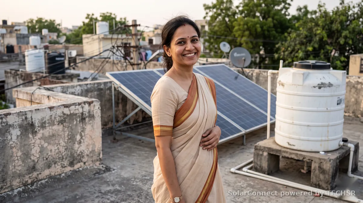 Indian homeowner beside rooftop solar panels on her home terrace