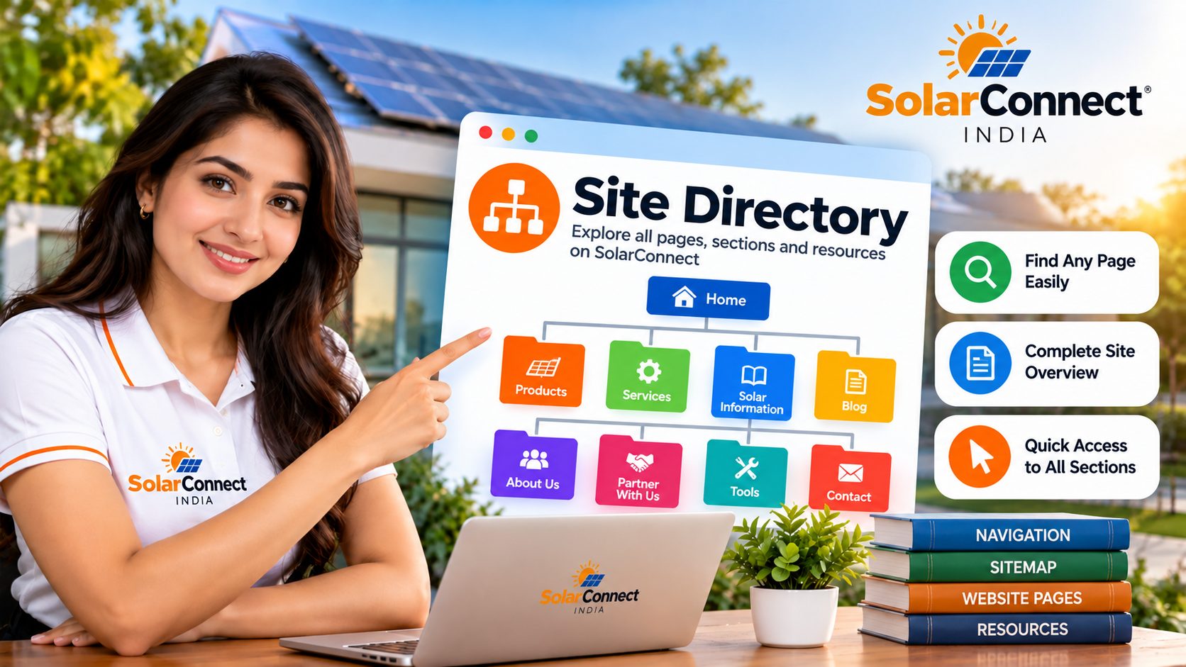 SolarConnect India Site Directory: find any page easily, complete site overview and quick access to products, services, blog, tools, partner and contact pages