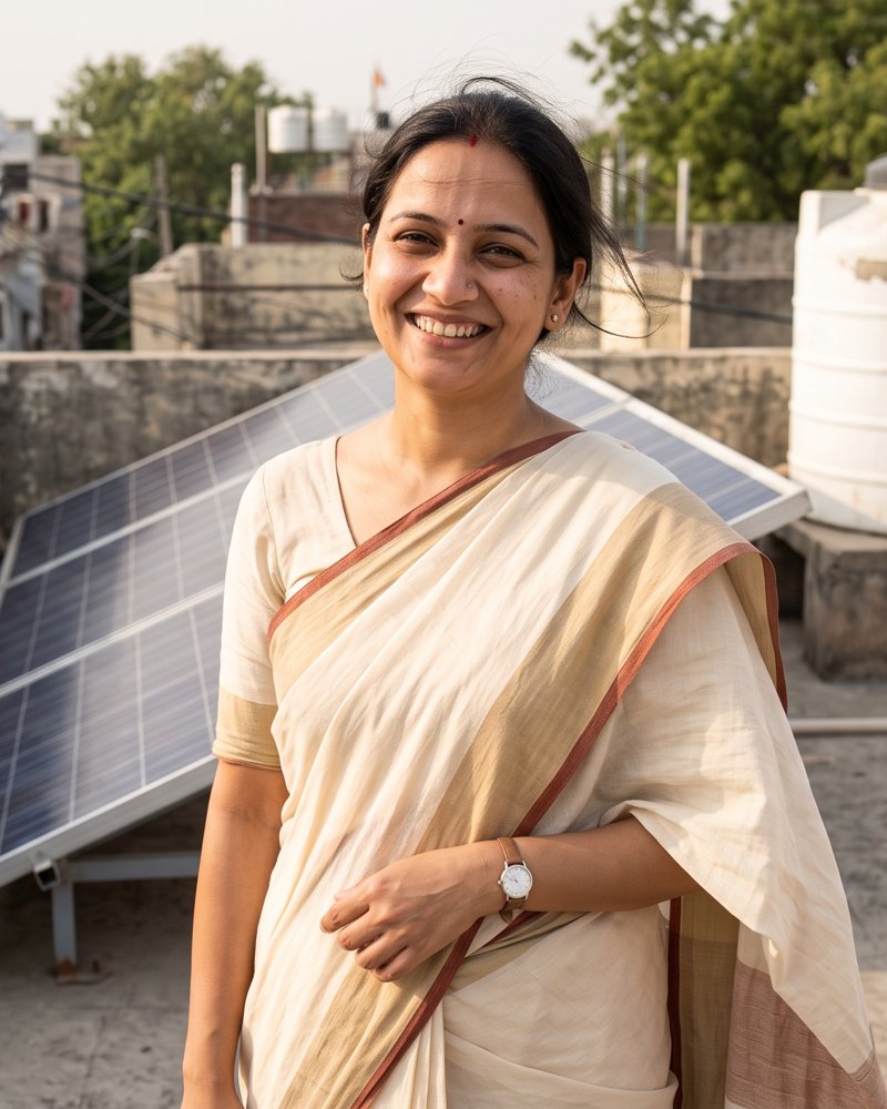 Priya Sharma with her 3 kW rooftop solar system in Serampore