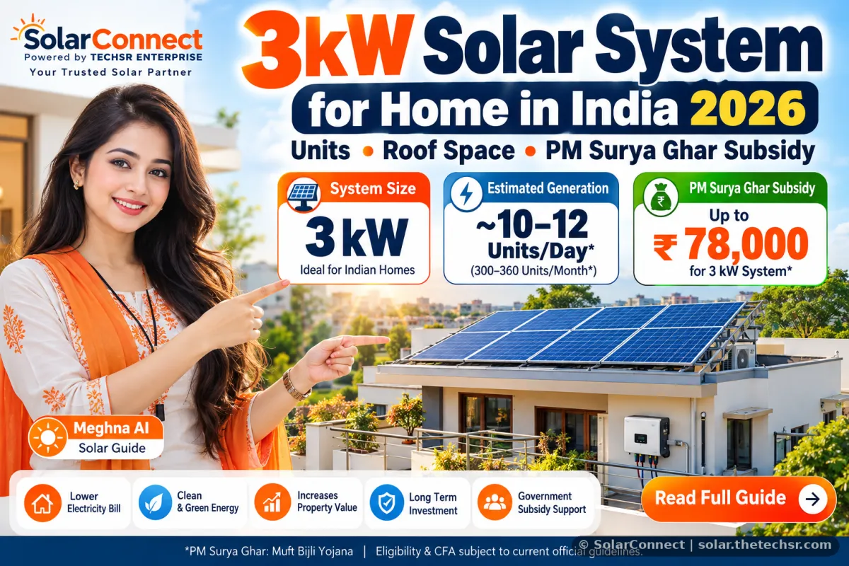 3kW Solar System for Home in India 2026: Units, Roof Space & PM Surya Ghar Subsidy